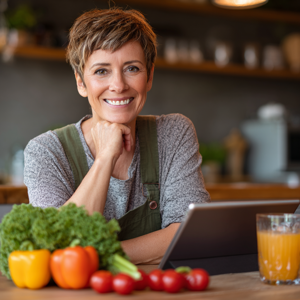 Жінка 52 років із усмішкою сидить за столом з планшетом і здоровою їжею