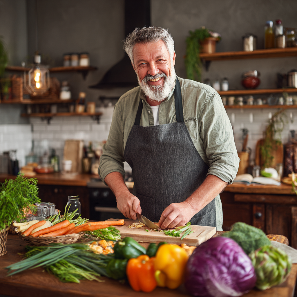 Чоловік 58 років готує здорову їжу на кухні з усмішкою, на столі різні свіжі овочі