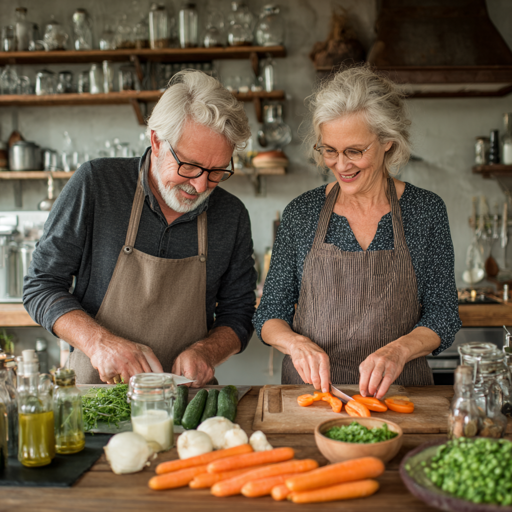 Пара людей 55-60 років готують разом здорову їжу на кухні з усмішками