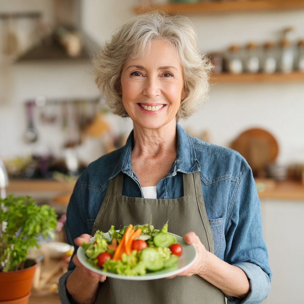 Усміхнена жінка 55 років тримає тарілку зі здоровим салатом на кухні